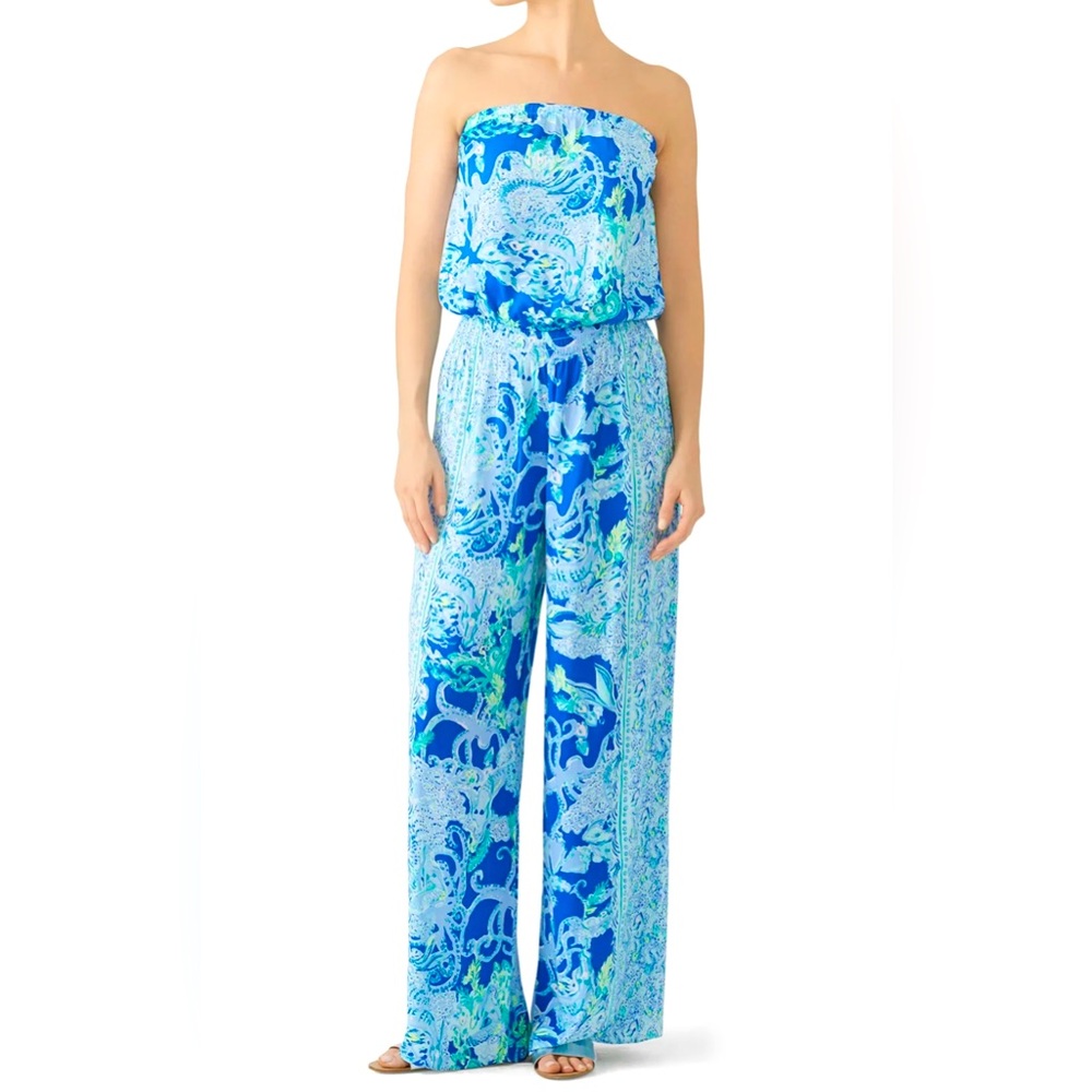 Lilly Pulitzer Strapless Blue & Aqua Paisley Jumpsuit